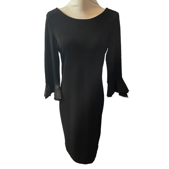 Alice & Olivia Black Lamb Leather Cuff Bell Sleeve Raw Edge Hem Dress Size L - Picture 4 of 12